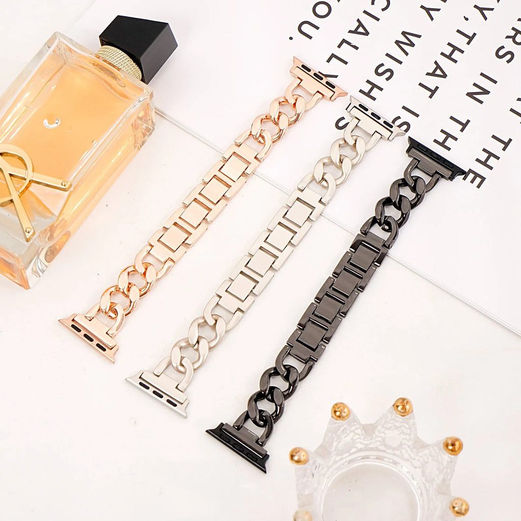 Metal denim chain Apple Watch replacement strap in silver, black, gold, rose gold, and Starlight colours for 38-49mm cases