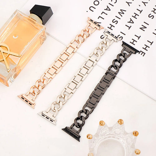 Metal denim chain Apple Watch replacement strap in silver, black, gold, rose gold, and Starlight colours for 38-49mm cases