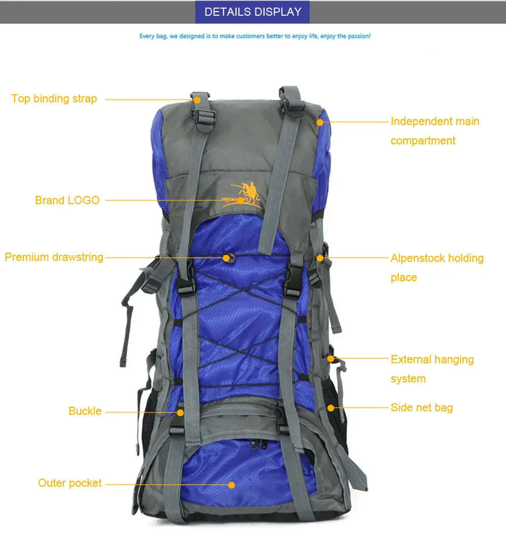 Extra large 60L nylon water resistant outdoor travel backpack with external stores system and adjustable shoulder strap