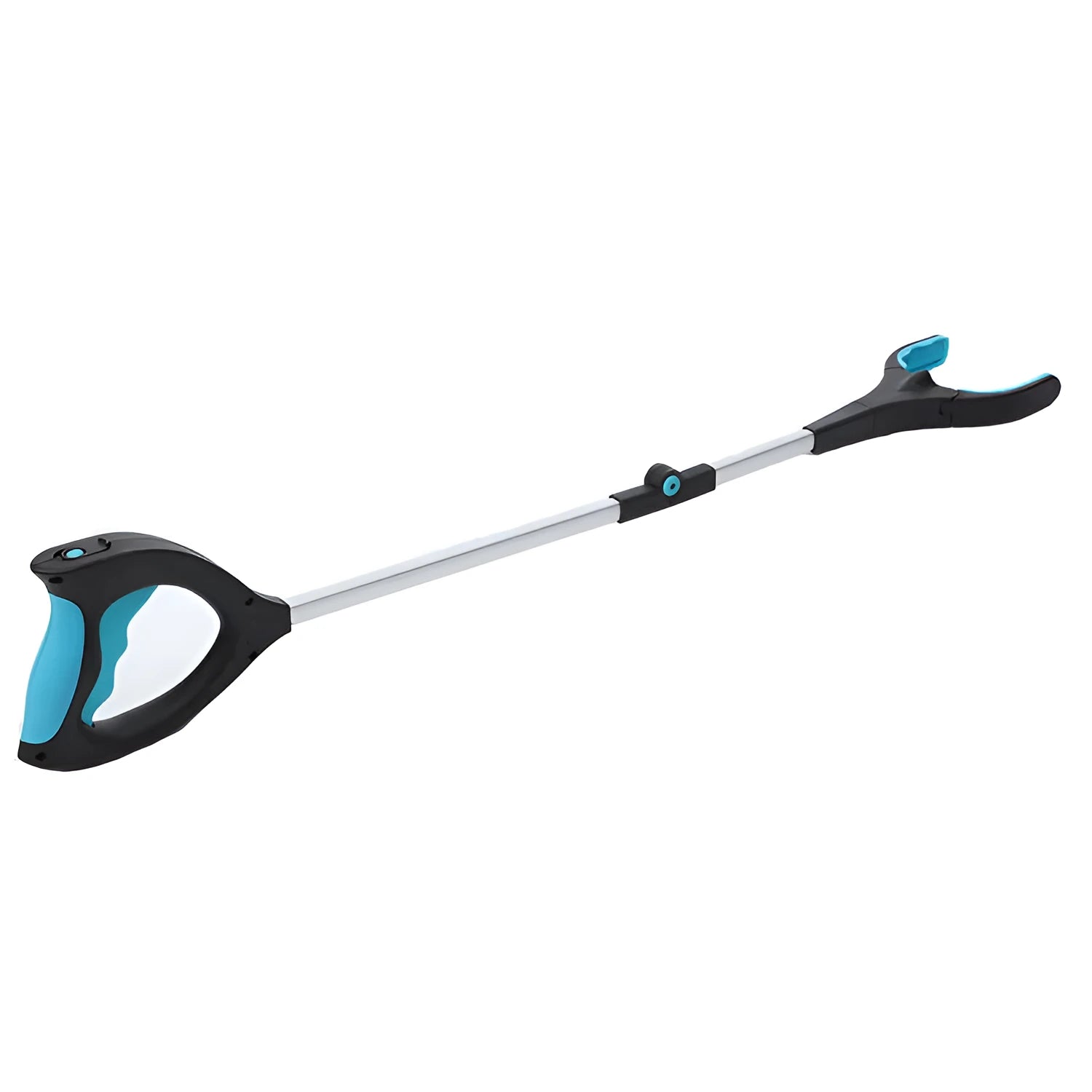 Blue foldable aluminium walking stick with a TPR foam grip, shown both extended and folded.