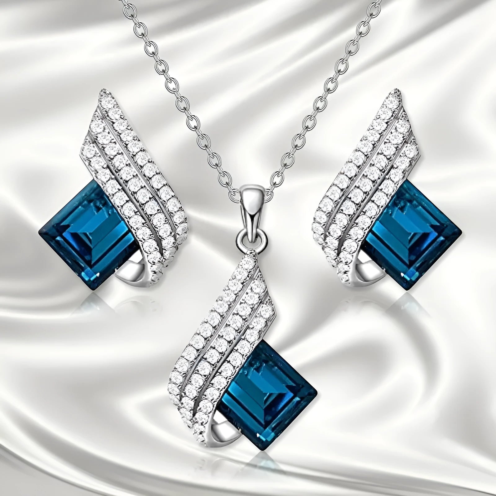 Women's alloy and glass necklace with matching ear stud set featuring cross chain design