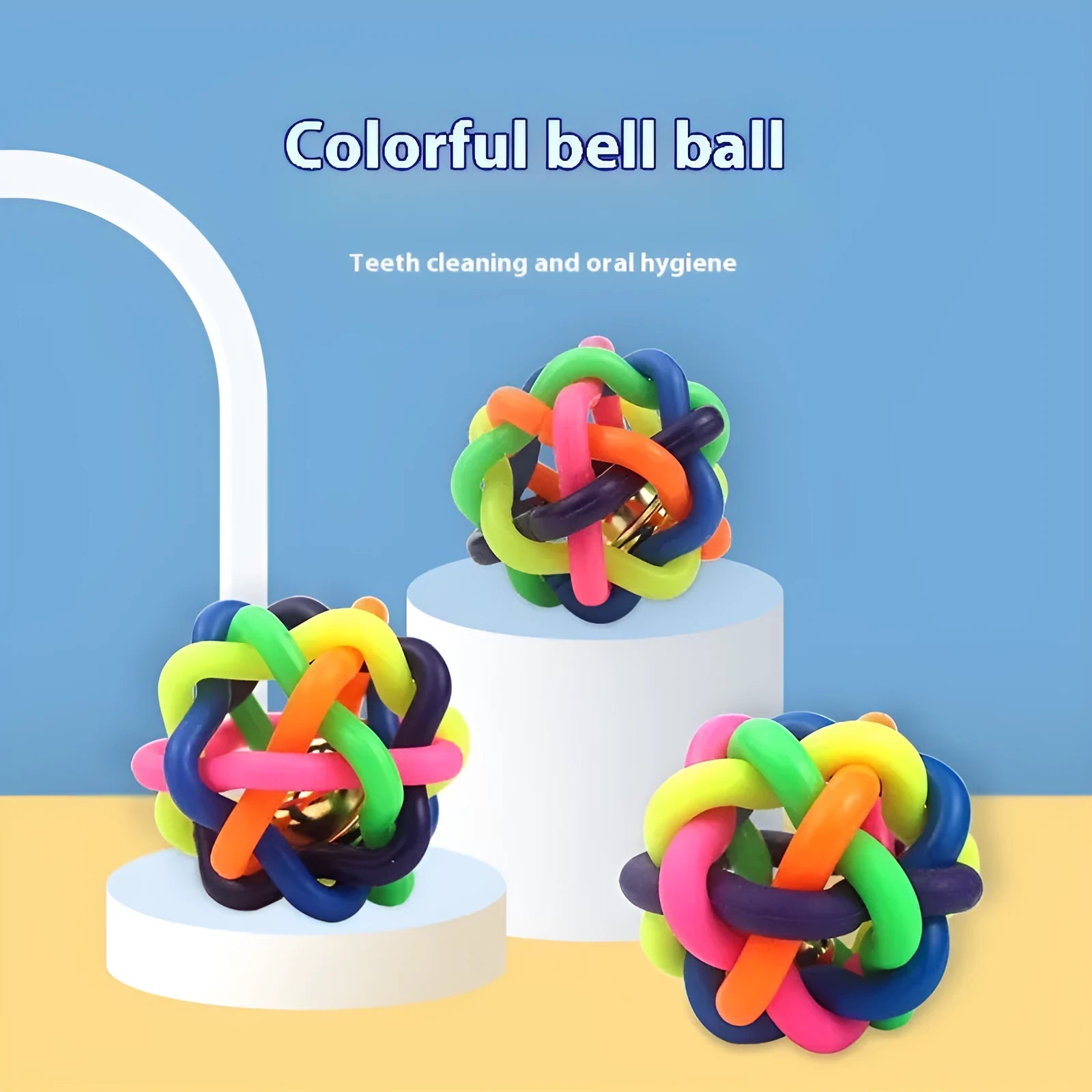 Colourful woven plastic pet toy ball with bell in rainbow colour, 6.5cm size