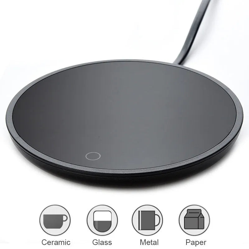 Black adjustable temperature cup warmer with tempered glass surface and low/high switch