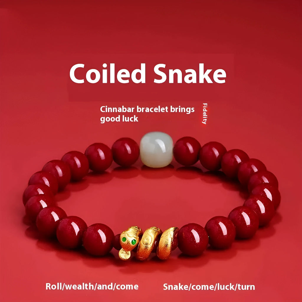 Handmade red cinnabar bracelet with snake zodiac beads, shown in 6mm and 8mm size options.