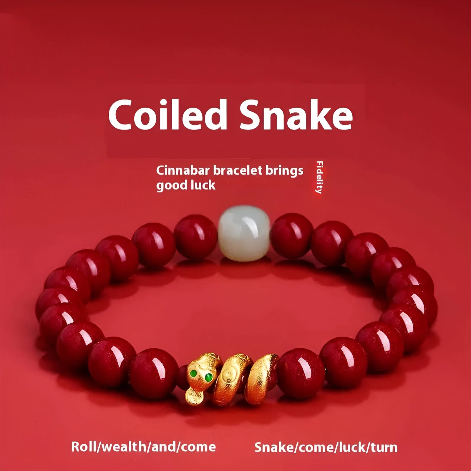 Handmade red cinnabar bracelet with snake zodiac beads, shown in 6mm and 8mm size options.