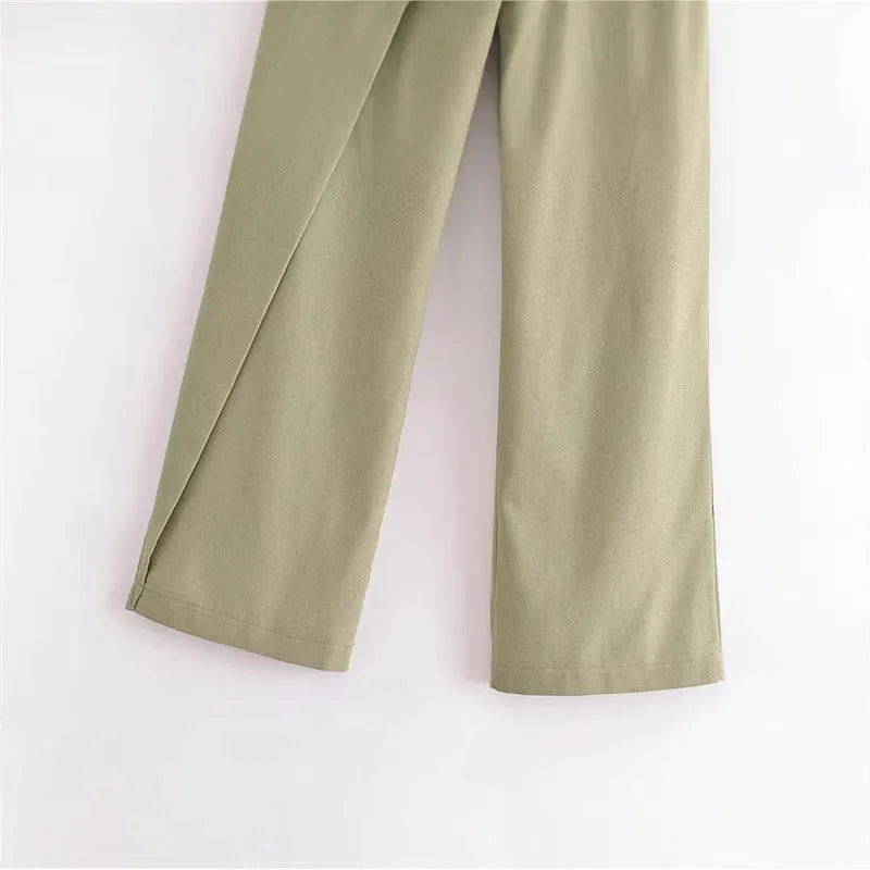 Women's casual linen blend trousers in khaki, straight leg with mid rise waist, laid flat on neutral background