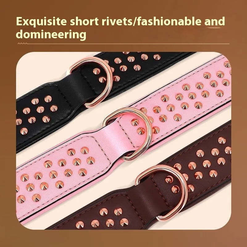 Leather dog collar with metal rivets in black, chocolate, or pink for large breed training