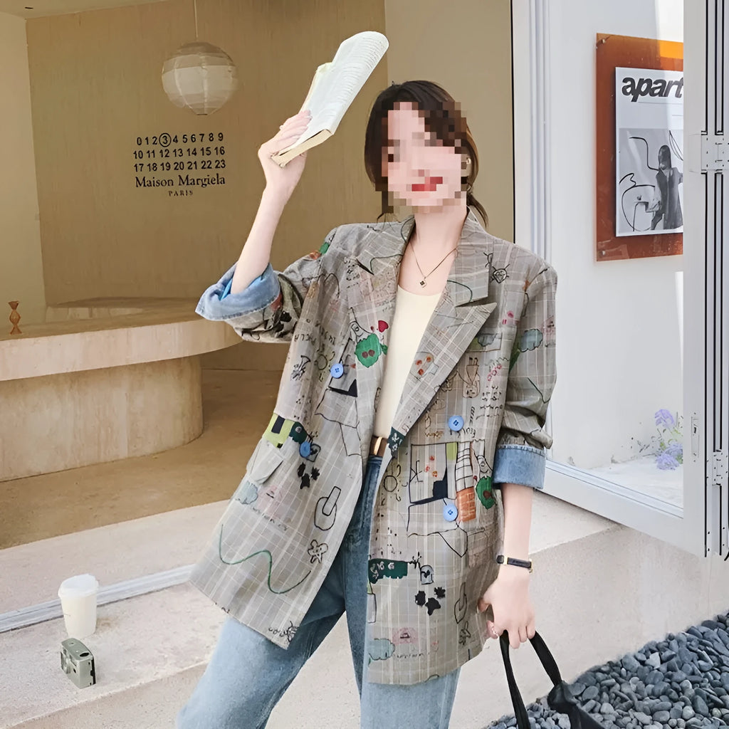 Loose polyester retro coat with graffiti plaid pattern, sleeveless, available in multiple sizes