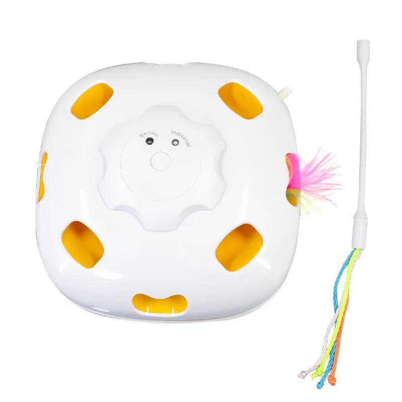 Electronic self-moving cat teaser toy with plastic construction measuring 19.8cm