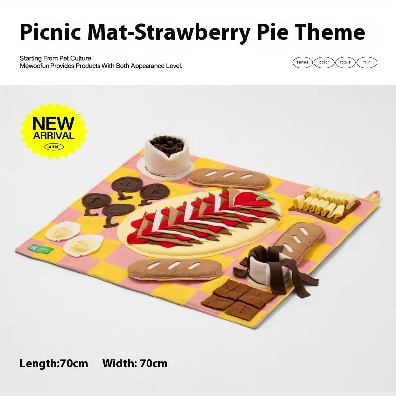 Plastic fabric dog sniffing mat with textured surface for hiding food treats, showing multiple theme design options