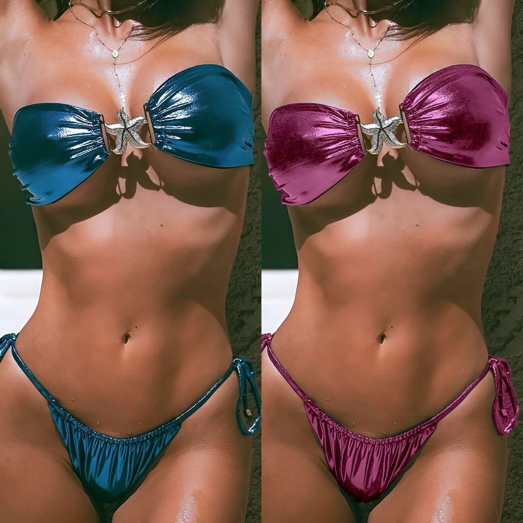 Glossy fabric tube top split bikini with gold starfish decoration in blue or pink colours