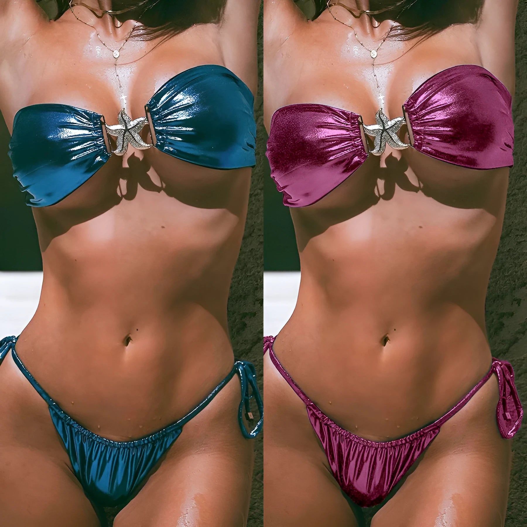Glossy fabric tube top split bikini with gold starfish decoration in blue or pink colours