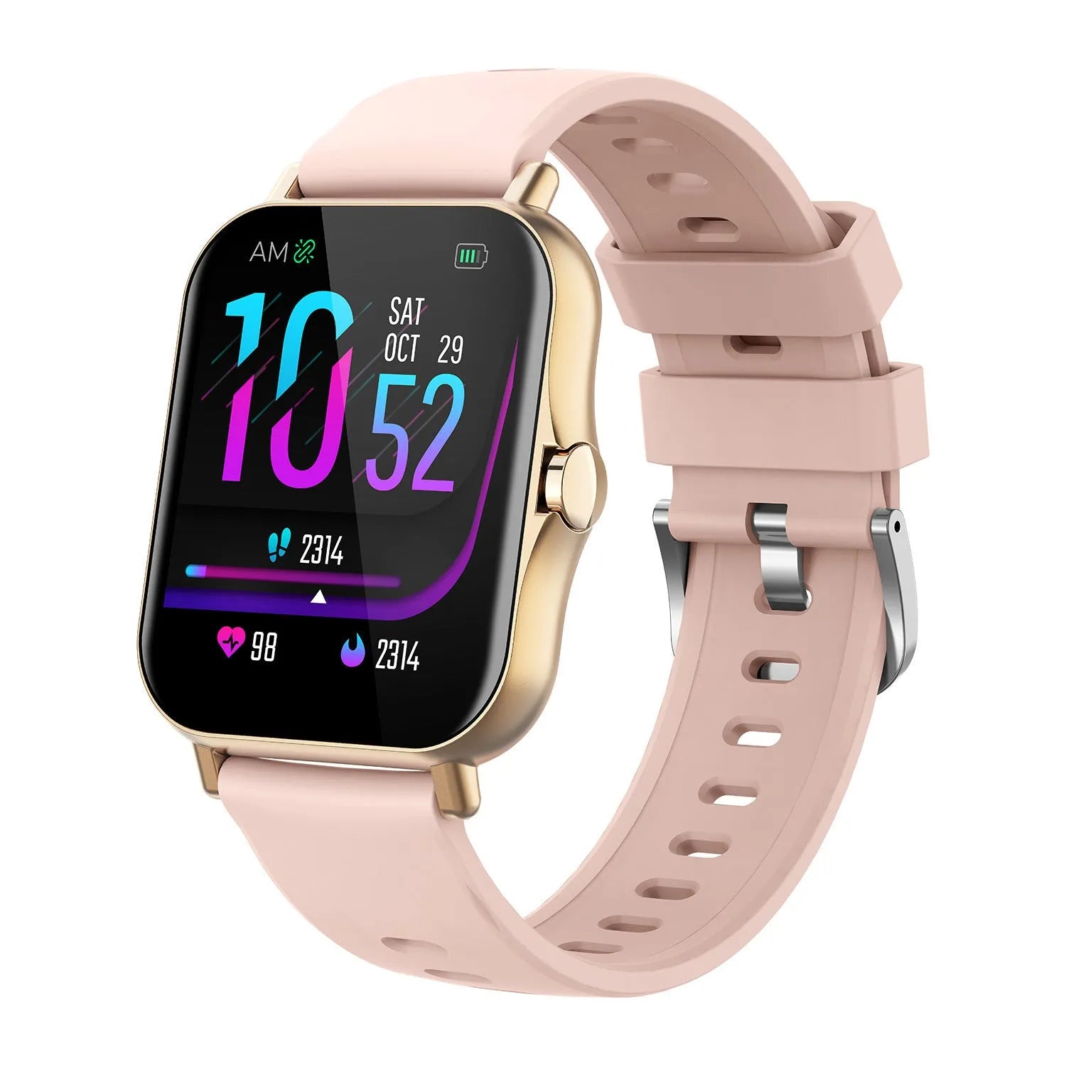 W10 smart watch in black showing heart rate and blood pressure on its 1.75 inch curved touch screen.