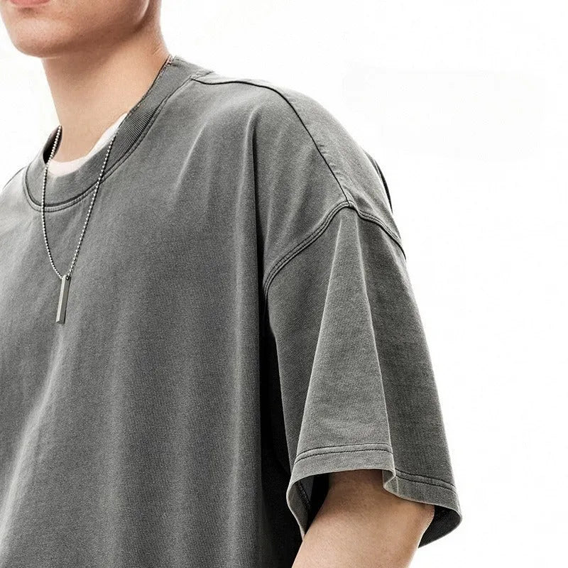 Men's vintage-style cotton t-shirt in khaki light colour with loose fit and drop-shoulder sleeves