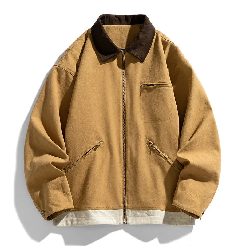 Korean style loose couple jacket with contrast lapels in polyester fabric