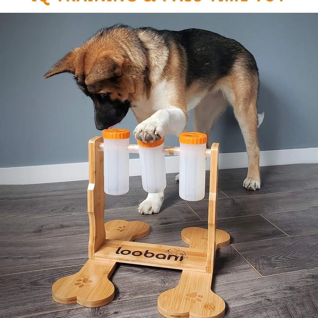 Wooden interactive dog puzzle feeder with treat compartments measuring 31cm long