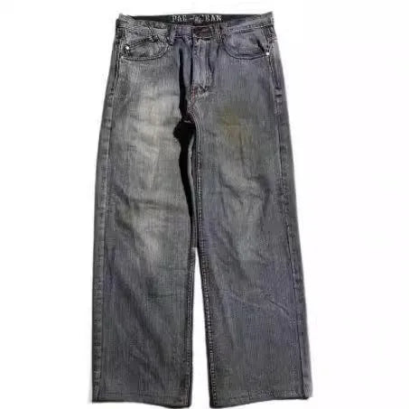 Men's grey washed-out jeans with retro workwear styling and straight-leg wide-leg cut