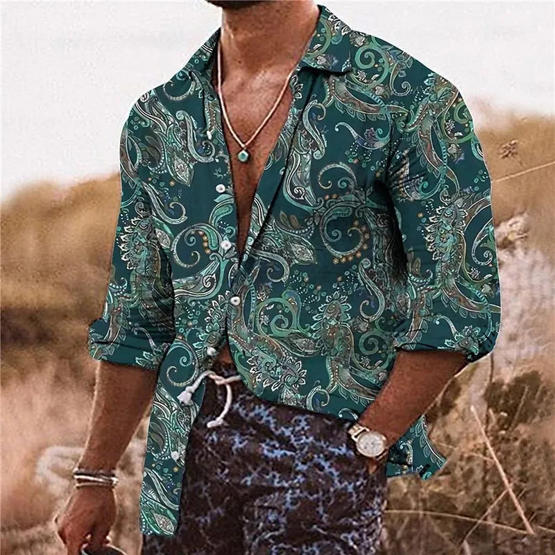 Men's loose fit bohemian shirt with detailed 3D floral pattern printing on polyester fabric