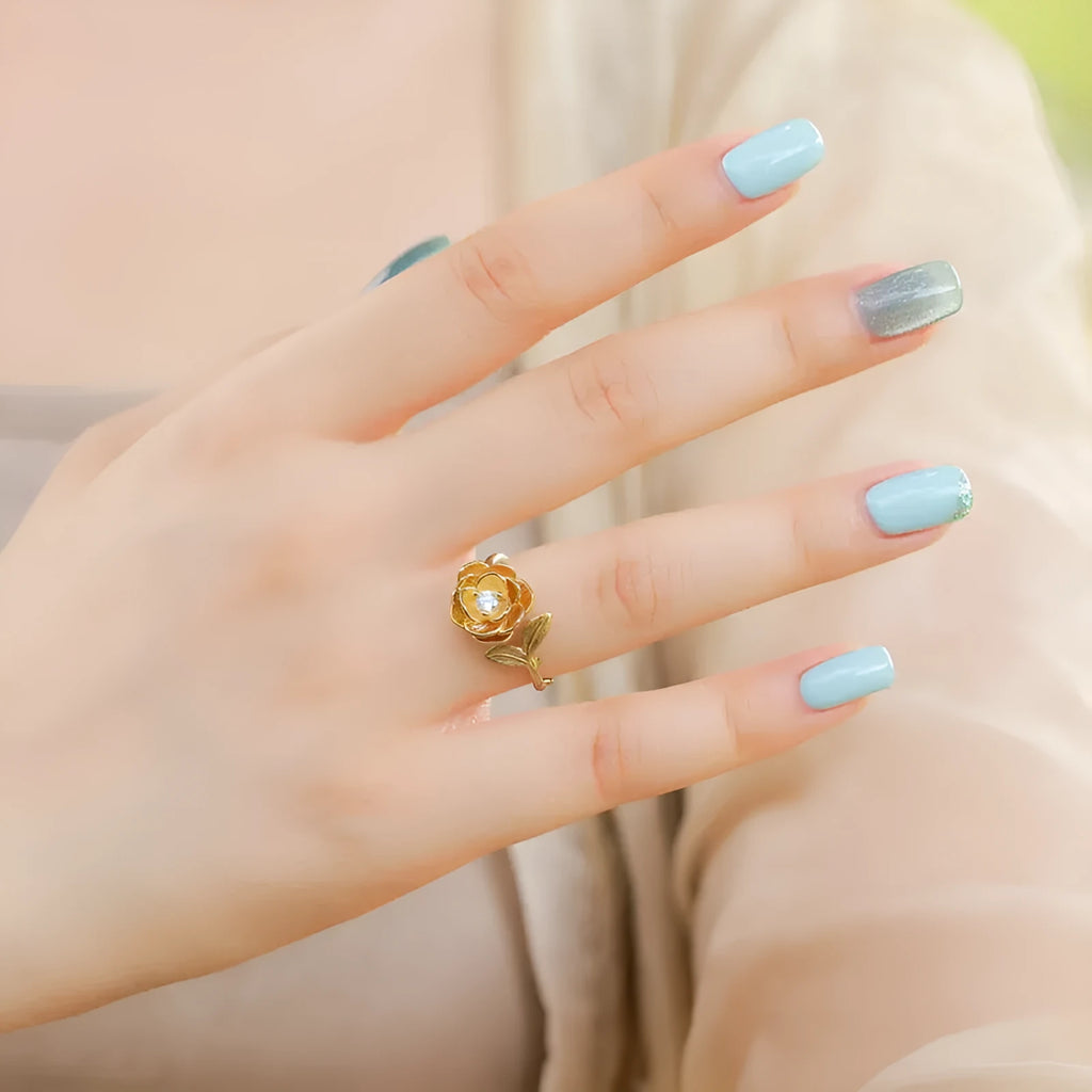 Women's 925 silver adjustable flower ring with 10k gold swimming paint electroplating, gold colour, retro design