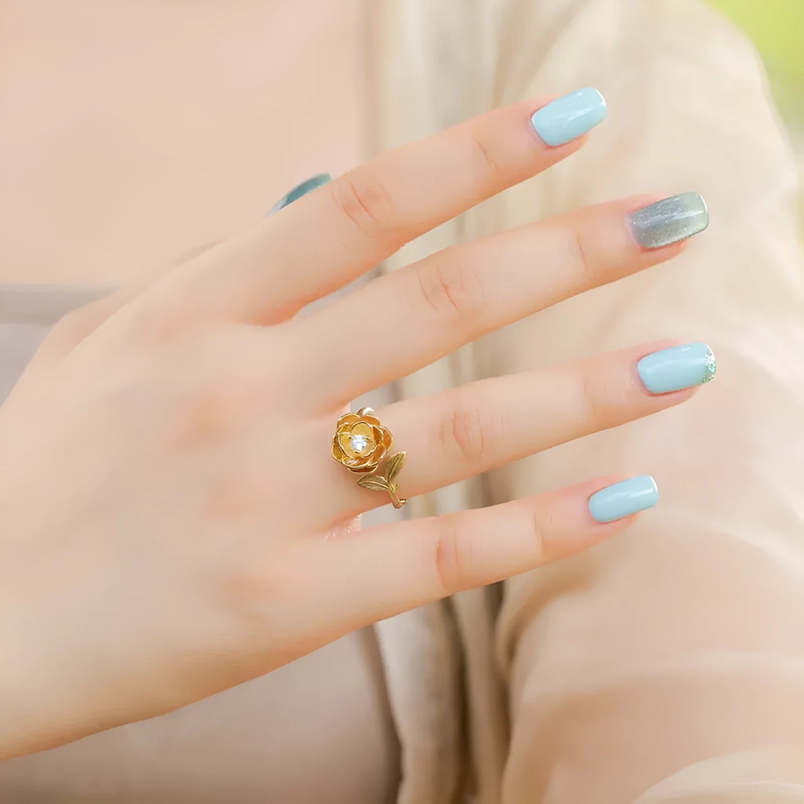 Women's 925 silver adjustable flower ring with 10k gold swimming paint electroplating, gold colour, retro design