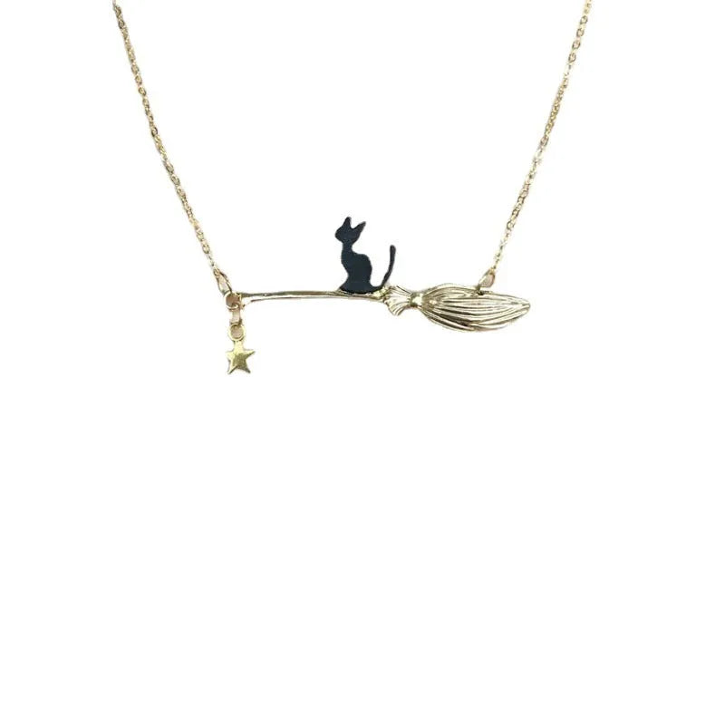Black cat charm Halloween necklace in alloy metal with gold and silver colour options.