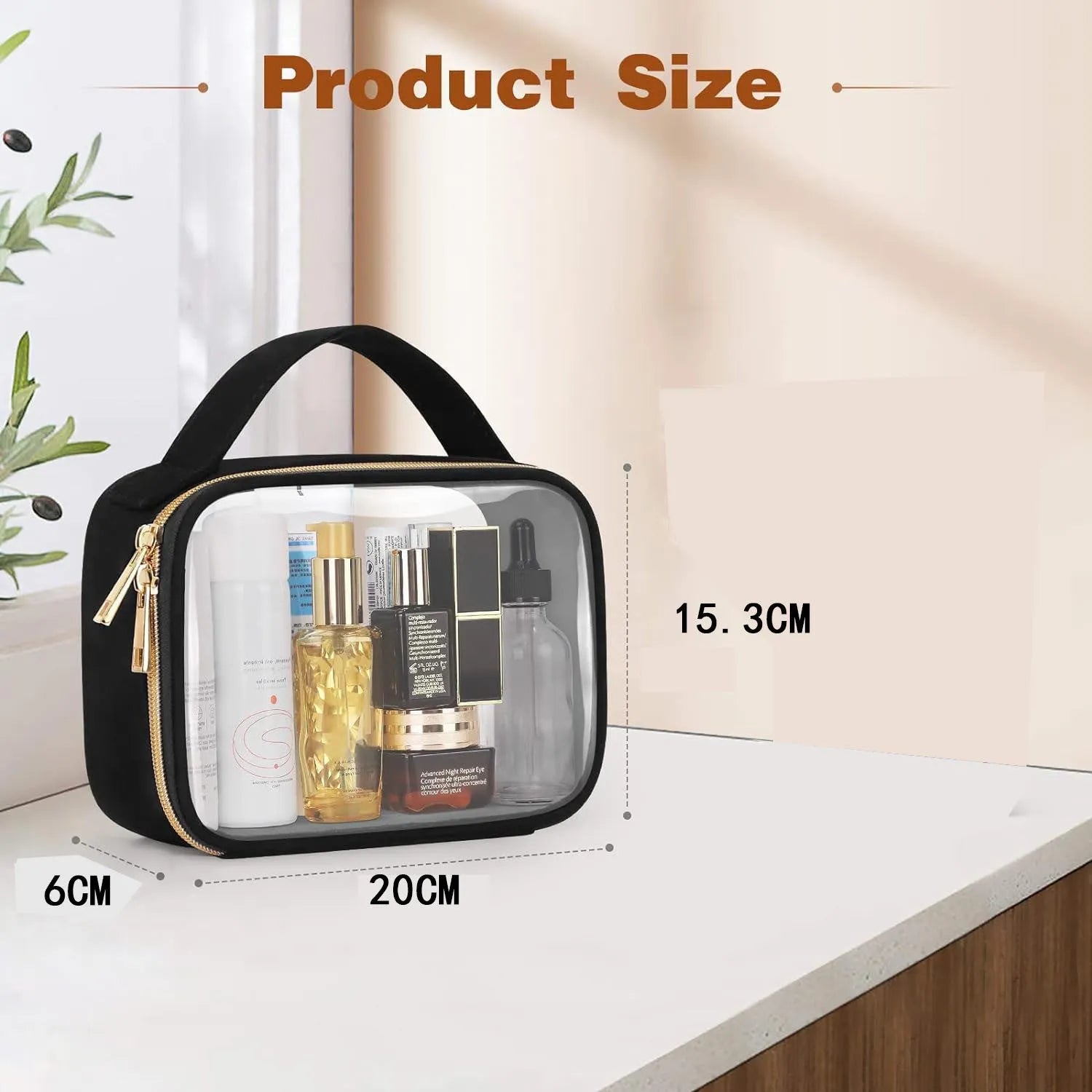 Clear PVC cosmetic wash bag with chain handle showing lipsticks inside, in leopard print colour.