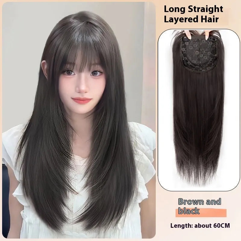 Full-head wig with long straight black layered hair and brown black bangs
