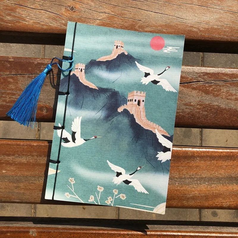 A5 antique wire-bound notebook with retro painting cover, wax rope binding, and tassels