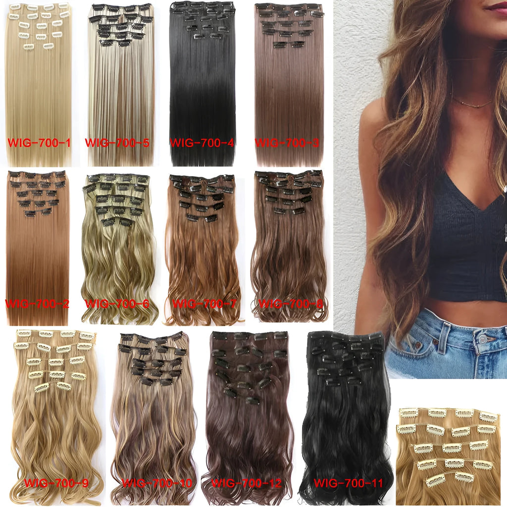 Synthetic clip-in straight hair extension set 55-60cm with metal clips and silicone backing in multiple colour options