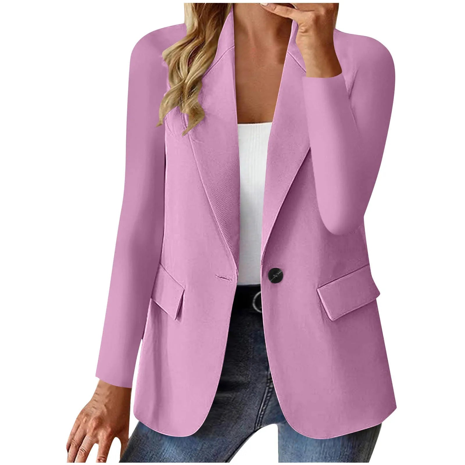 Women's slim fit long sleeve solid color cardigan jacket with pockets in black, front view