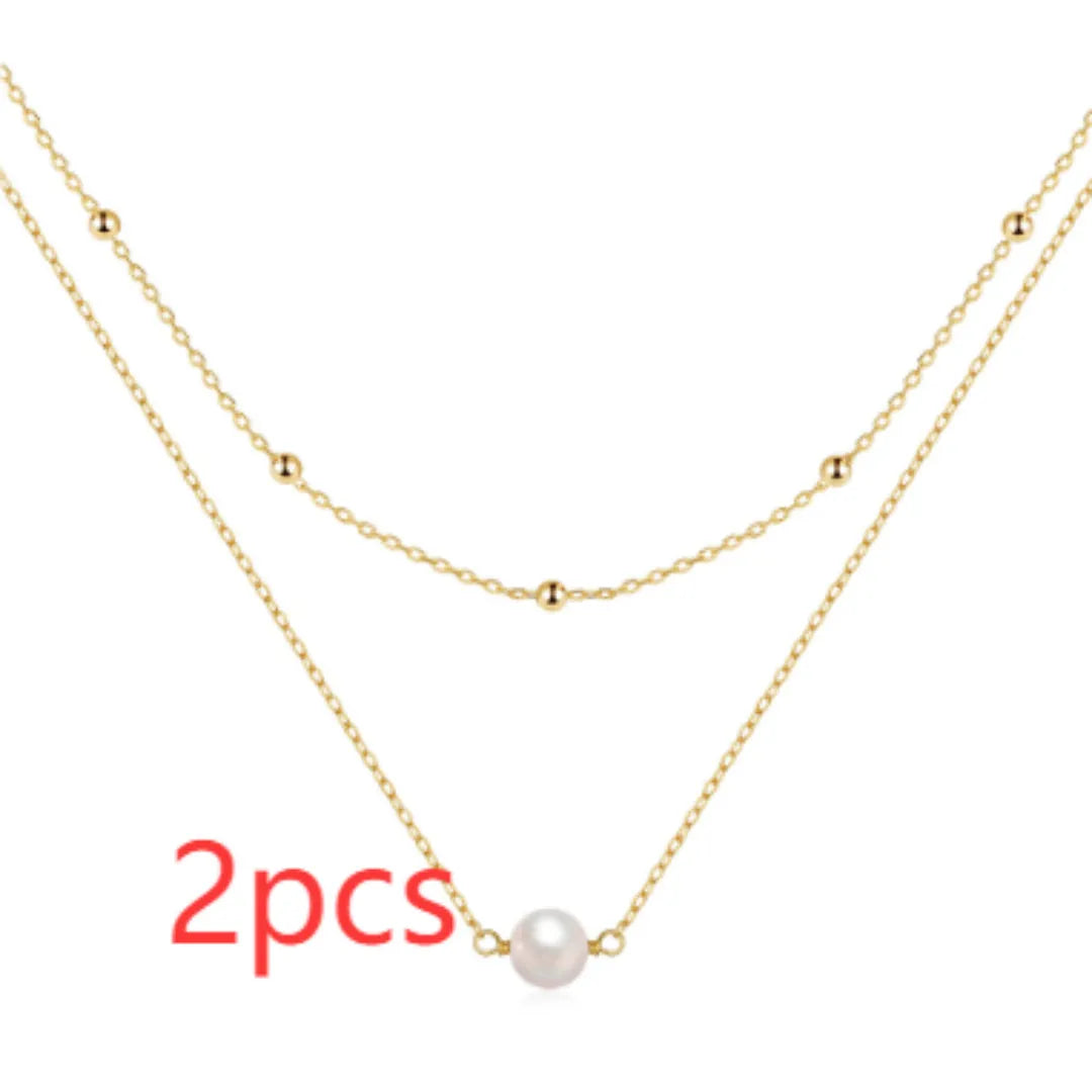 S925 sterling silver double layer necklace with twin geometric pearls in gold or white gold colour options