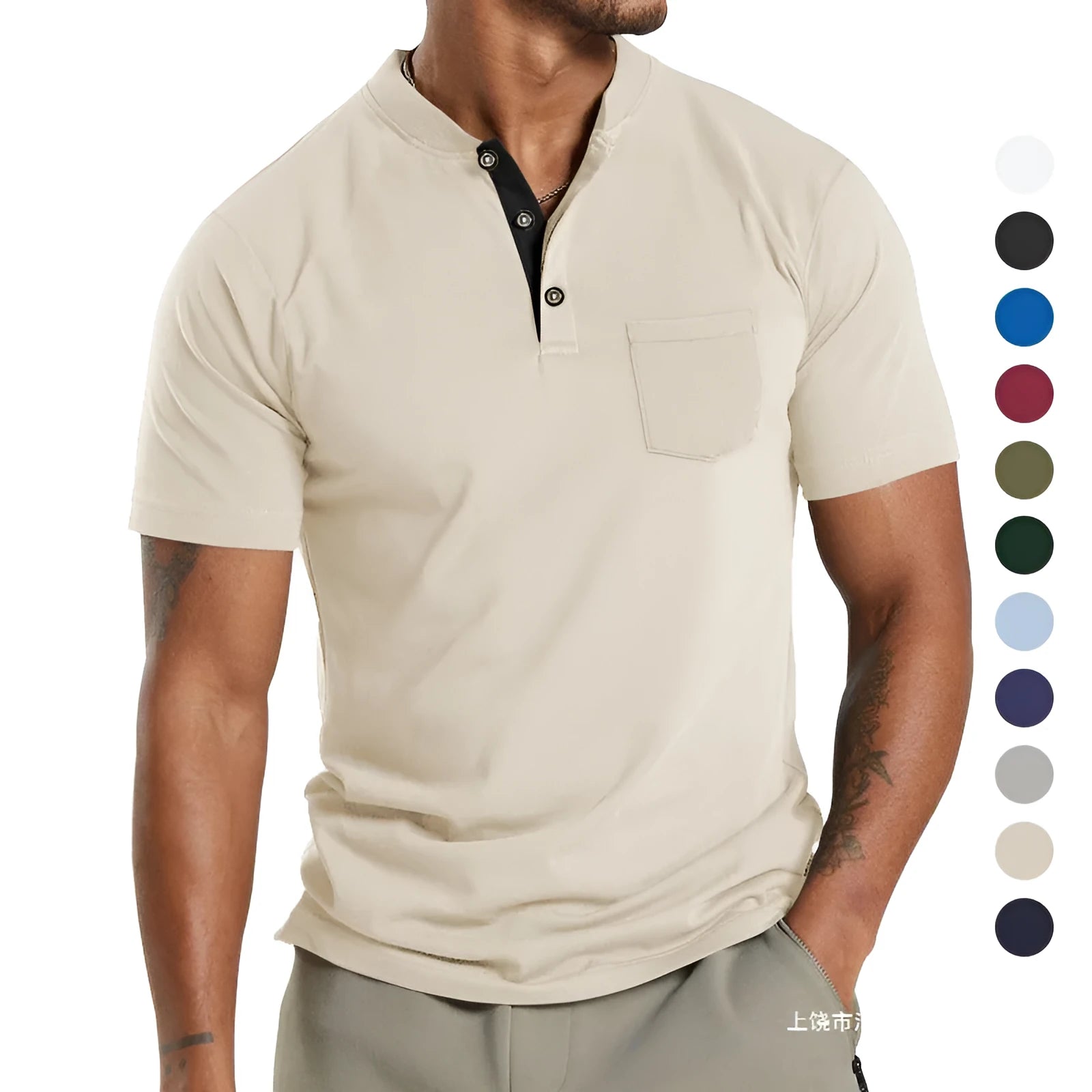 Plus size men's solid colour short sleeve polyester shirt with a button chest pocket.