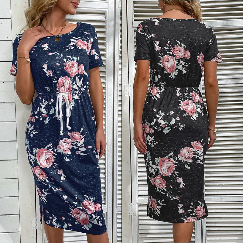 Casual women's black high-waist printed polyester dress, front view