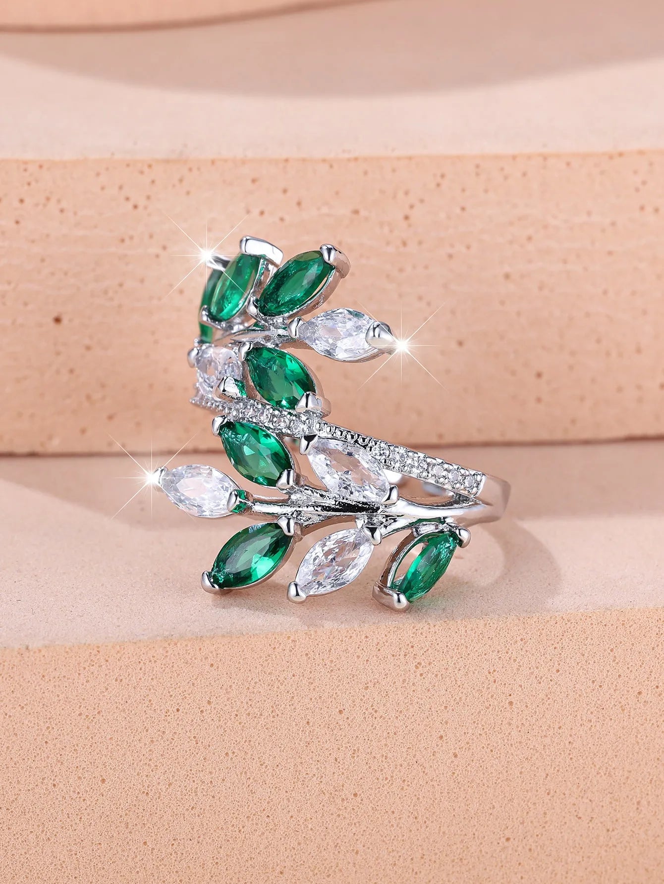 Adjustable copper leaf ring with horse eye design and zircon stones in multiple colour options