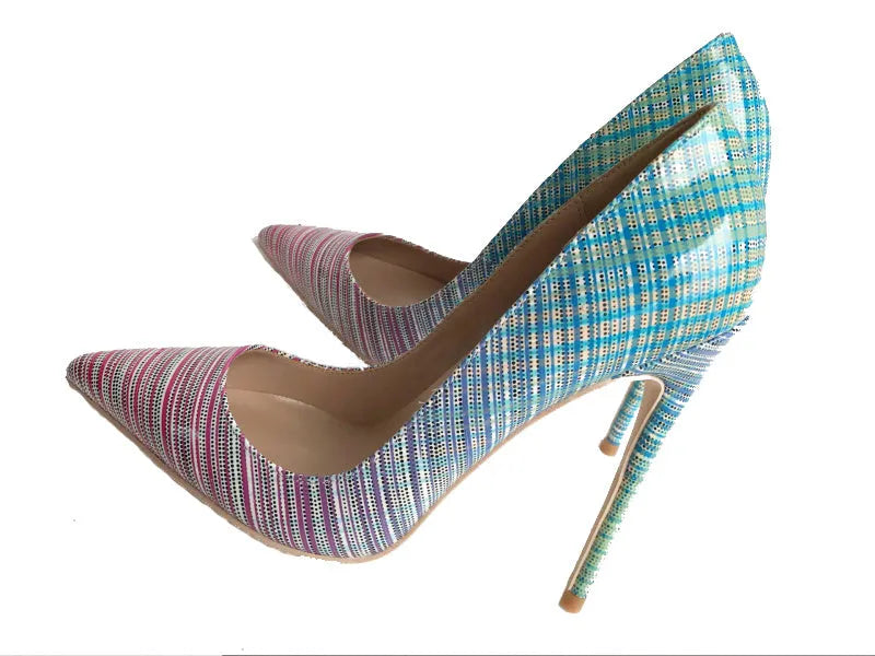 Ladies pointed toe super high heel shoes in gradient pink and blue patent leather