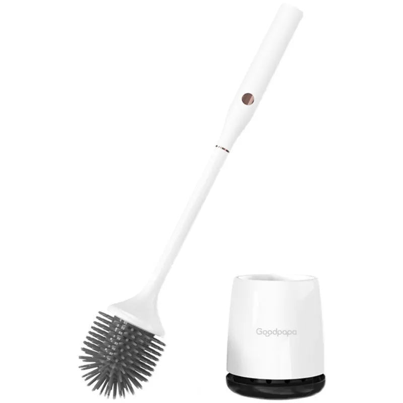 White wireless electric toilet brush with rotating head, ABS body, USB charging base, and PP brush on a bathroom floor