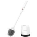 White wireless electric toilet brush with rotating head, ABS body, USB charging base, and PP brush on a bathroom floor