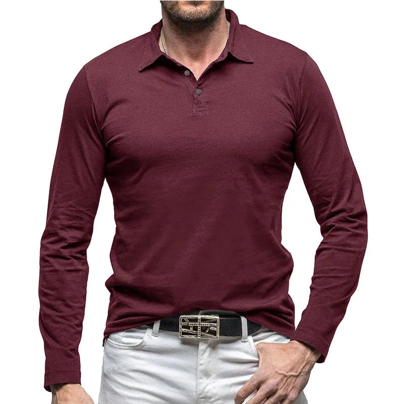 Men's long sleeve polo collar cotton T-shirt in American retro style shown in dark grey