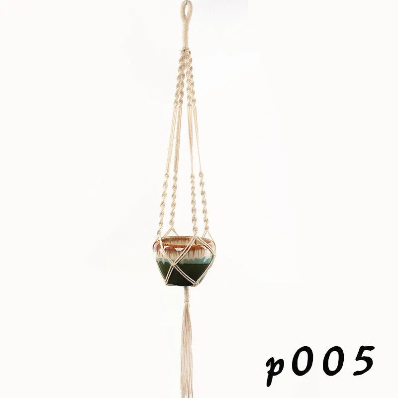 Woven wire cotton rope plant hanger macramé pot holder in European American village style