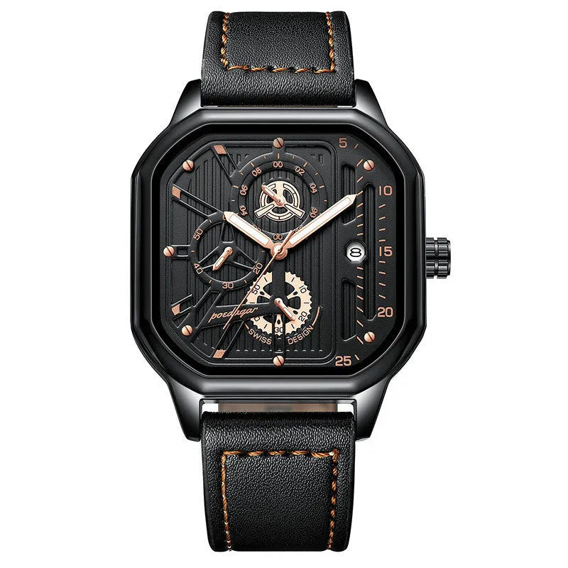 Men's slim 8mm quartz watch with belt-style strap in gold or silver shell options