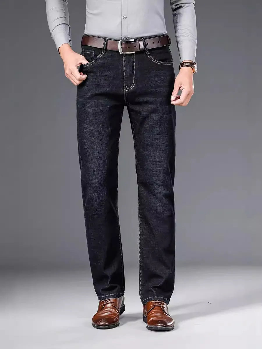 Men's straight-leg elastic business trousers in dark blue cotton denim, mid-waist, sizes 29-42