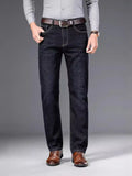 Men's straight-leg elastic business trousers in dark blue cotton denim, mid-waist, sizes 29-42
