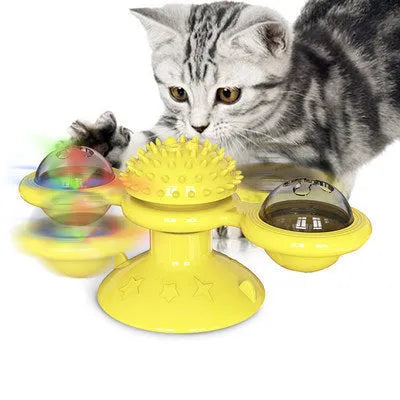 Cat rotating windmill toy with suction base on floor, two transparent bins, luminous ball, teeth grinding function, blue yellow green colour