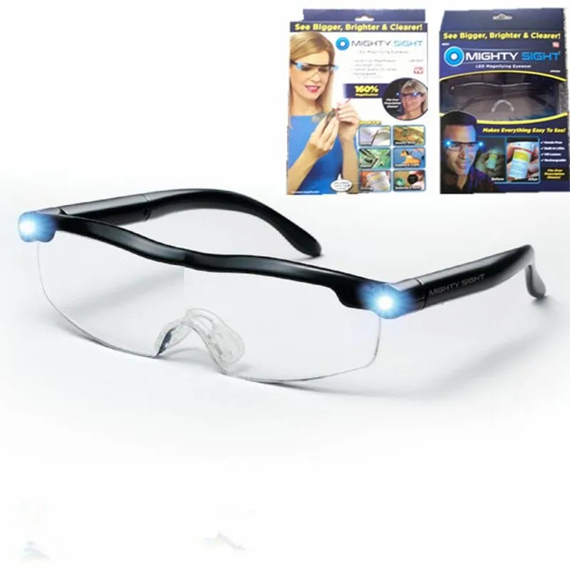 Transparent black USB reading glasses with integrated LED lights on the frame.