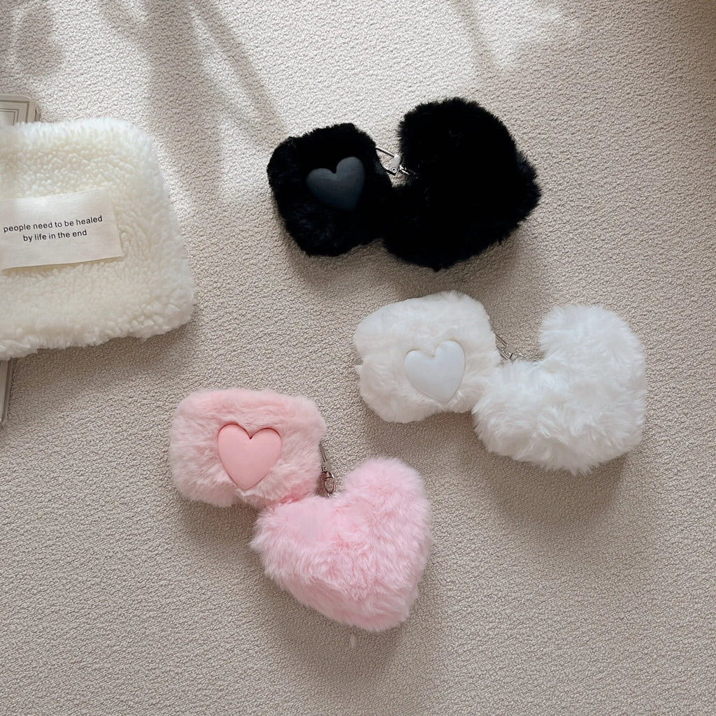 Plush loving heart TPU AirPods case in pink with soft shell and pendant