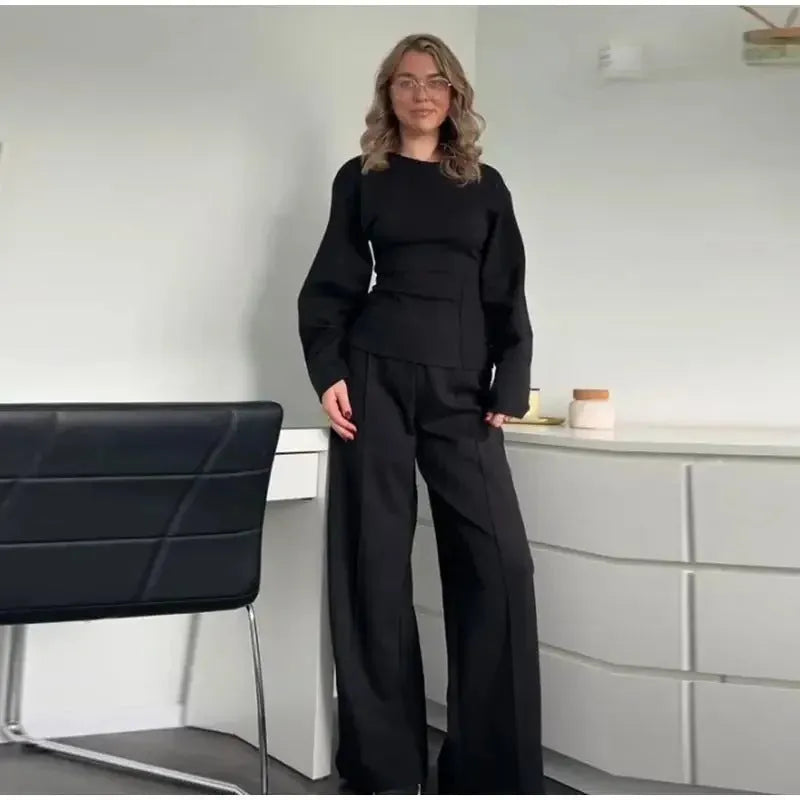 Women's fleece two-piece suit with pleated top and wide-leg trousers in black, grey, apricot or wine red