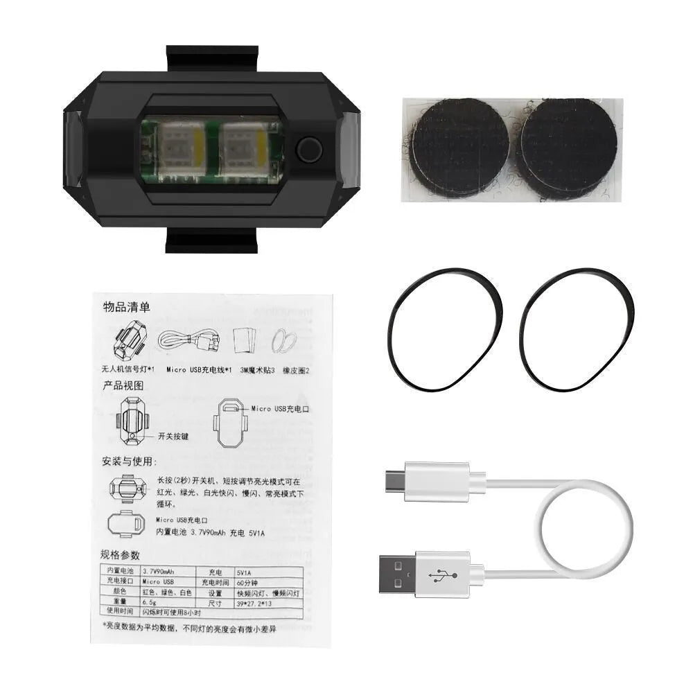 Drone signal light with RGB LED system showing multiple colours, includes mounting tape and ring belts