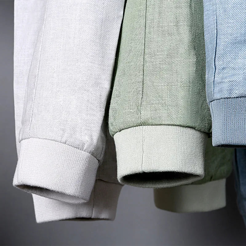 Men's lightweight cotton linen jacket in regular fit shown in blue, grass green, or heather grey colour options.