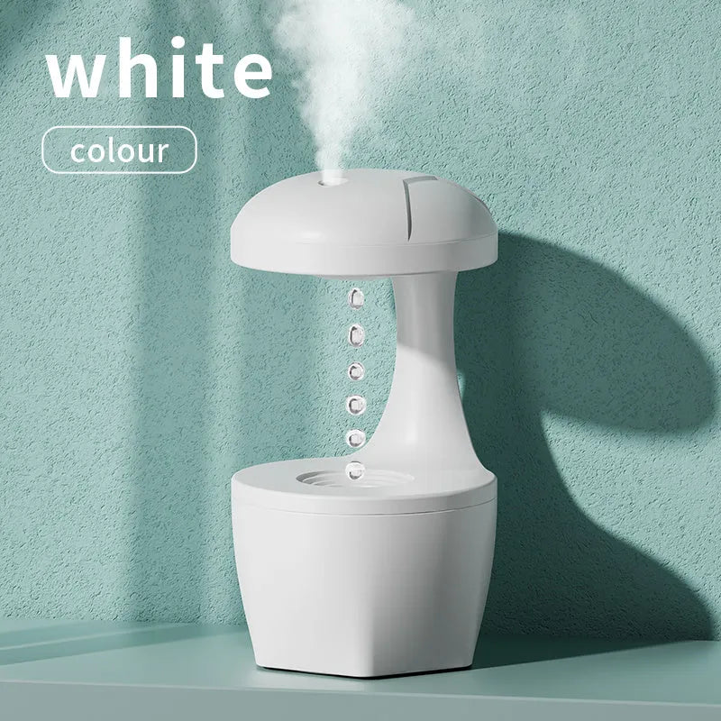 White portable 800ml cool mist USB humidifier with anti-gravity droplet design and aromatherapy for bedroom