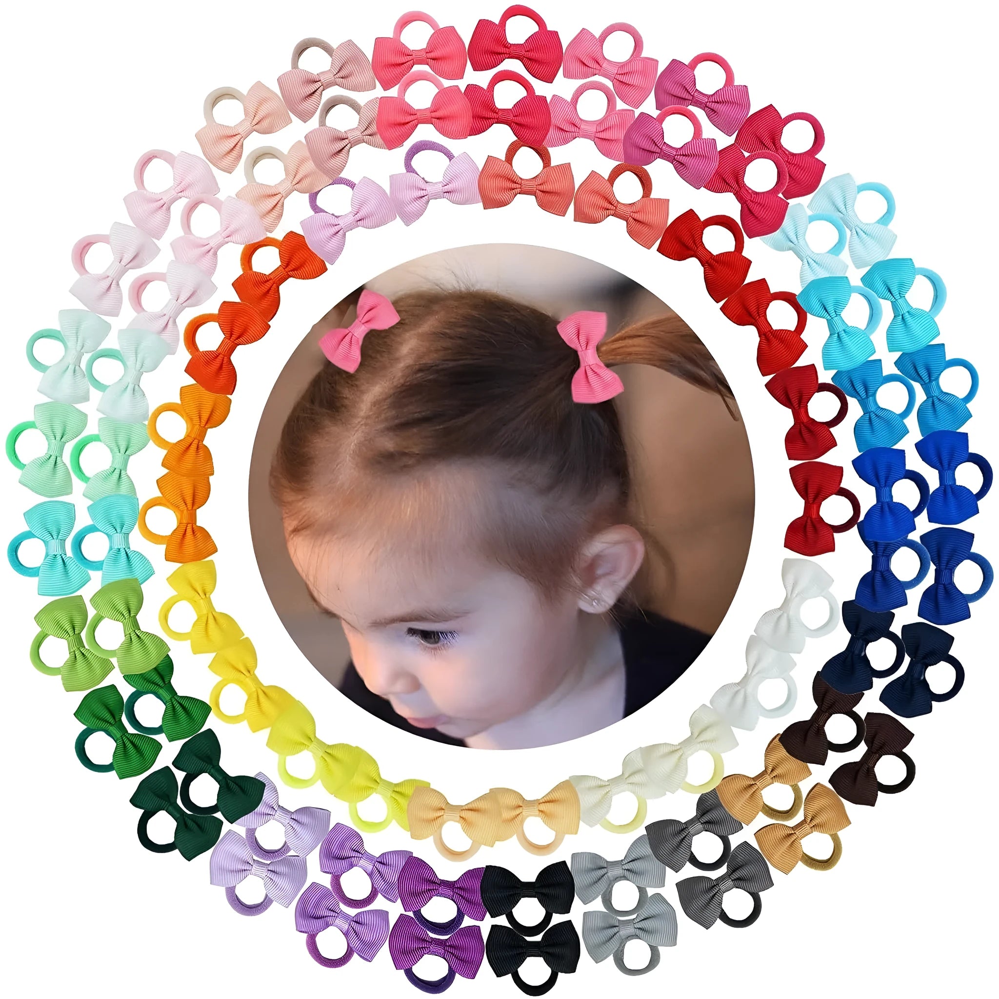 80 piece set of multi-coloured baby hair ties with matching grosgrain ribbon bows for infants and toddlers